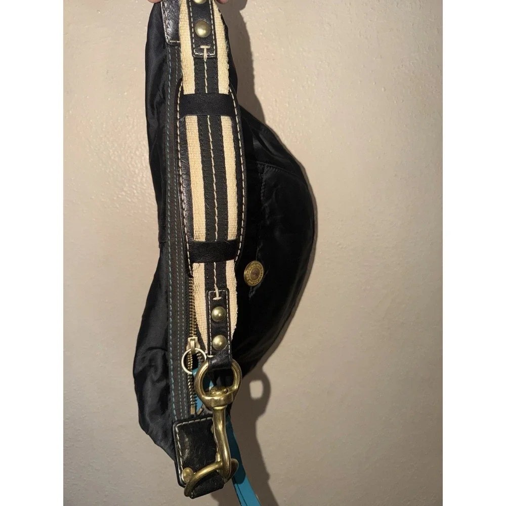 Coach Hampton Black Hobo Shoulder Bag Nylon Black Stitching  With Teal Lining